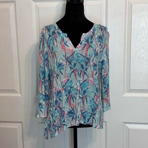 Casey Key Tropical Floral Beach Blouse Flutter 3/4 Sleeves Mint Pink Blue Size M